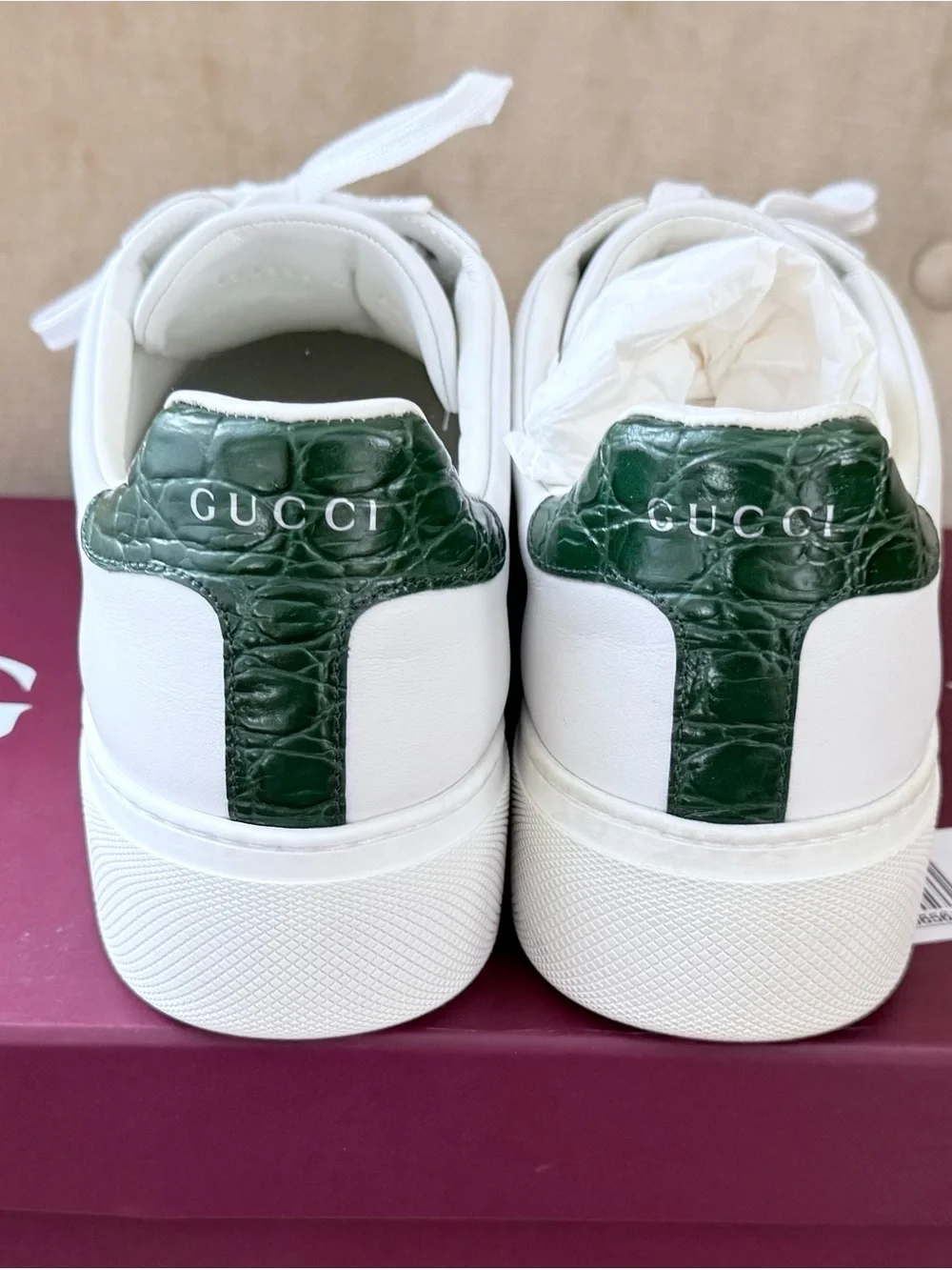 Gucci White Leather Sneakers with Red & Green Web